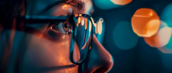 Close up woman with glasses looking, blurred background, bokeh lights