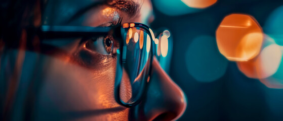 Fototapeta premium Close up woman with glasses looking, blurred background, bokeh lights