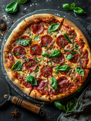 Tasty pepperoni pizza and cooking ingredients tomatoes basil.