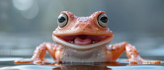 A close up frog smiling and has its mouth open, blurred background