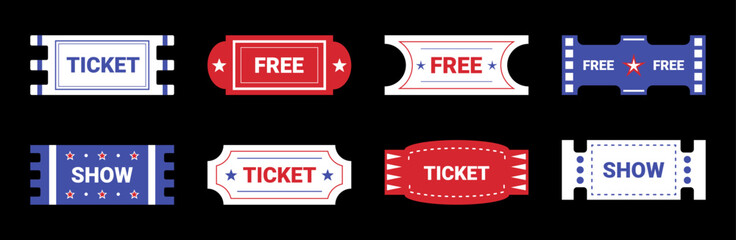 American Independence day stickers and badges, design elements, tickets and banners. Decorative labels. Vector illustration.