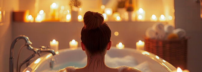 Woman sitting in bathtub with candles lit around her, cozy and relaxing atmosphere