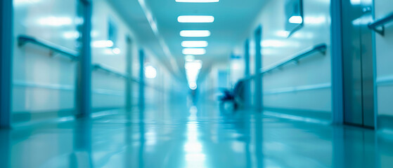 Hospital empty long hallway with blue floor and blue walls, blurred