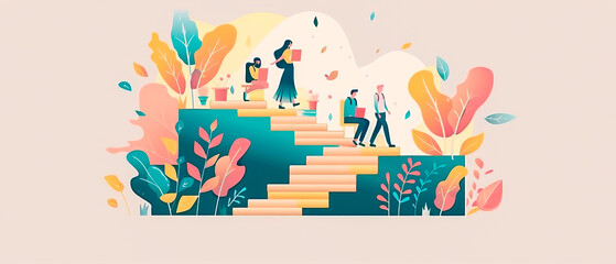 Fototapeta premium Colorful illustration of people walking up set of steps, symbolizes lifelong learning