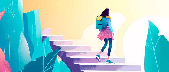 Girl walking up set of stairs, symbolizes permanent learning, personal growth and development