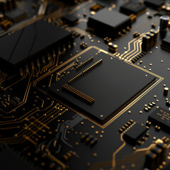 A close up of a black computer chip with gold accents