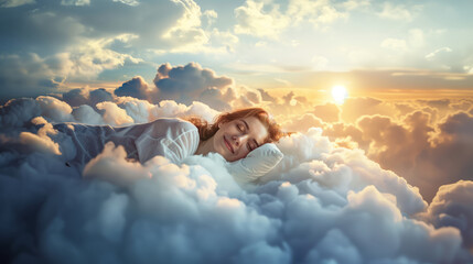 A woman peacefully sleeping on a soft cloud suspended in the sky.