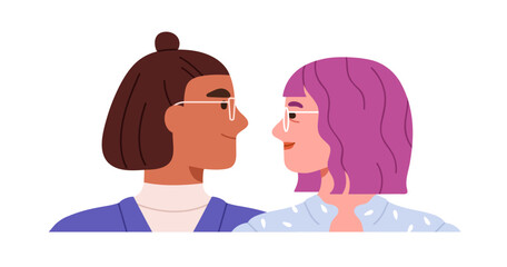 Young couple in love, modern man and woman in glasses looking at each other, smiling. Romantic partners. Youth, happy enamored characters. Flat vector illustration isolated on white background