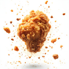 A dynamic image of crispy fried chicken pieces floating in the air with small crumbs scattering around them. The chicken should appear golden-brown. generative ai