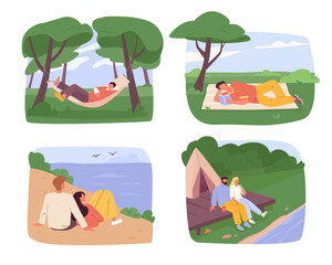 outdoor rest. people relaxing lying in hammocks, summer nature leisure relaxed persons in forest, camping hiking activities. vector cartoon concept illustration.