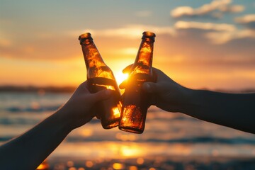 Two hands clinking beer bottles against a glowing sunset on the ocean