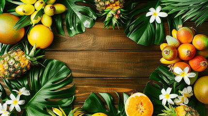 Tropical fruit assortment with fresh leaves and flowers, arranged in a border frame on a wooden...