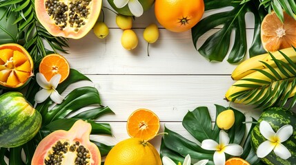 Vibrant tropical fruit arrangement with oranges, bananas, and papayas, adorned with frangipani...