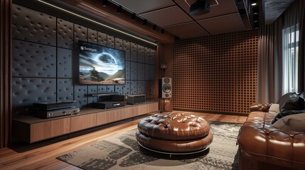 A TV lounge with a virtual reality gaming area, a leather ottoman, and a soundproofing wall panel
