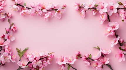 Obraz premium Beautiful peach blossom border on a pink background with copy space for text, in a flat lay top view banner concept