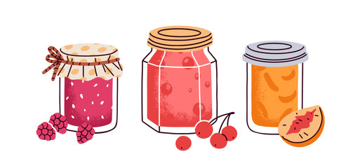 Fruit and berry jam set. Natural confitures in glass jars. Jelly and homemade marmalade preserves. Sweet seasonal dessert with raspberry, apricot. Flat vector illustration isolated on white background