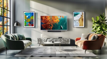 A TV lounge with a wall-mounted TV surrounded by a gallery of contemporary art prints, each piece telling a unique story