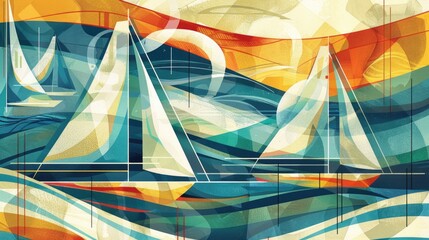 A vibrant painting depicting three sailboats floating gracefully on the ocean, captured in beautiful watercolor illustration AIG50