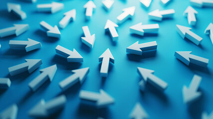 Numerous three-dimensional white arrows pointing in various directions on a blue background.