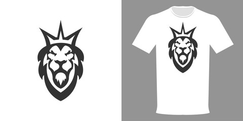Vector illustration of a T-shirt with a print of a Lion with a crown. Typographic print in black and white style