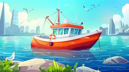 A fish boat floats in sea water against a cityscape background. A commercial fishing industry vessel transports fish. It's surrounded by gulls and rock. River views. Cartoon illustration background.