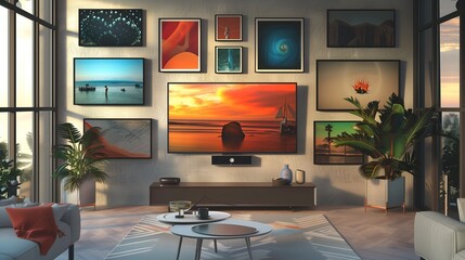A TV lounge with a wall-mounted TV surrounded by a gallery of rotating art pieces