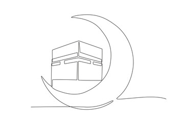 Kaaba above the crescent moon. Eid al adha concept one-line drawing