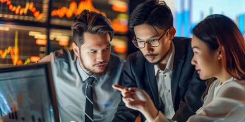 Team of Financial Analysts Discussing Data on Computer Screens, Analyzing Market Trends in Modern Office