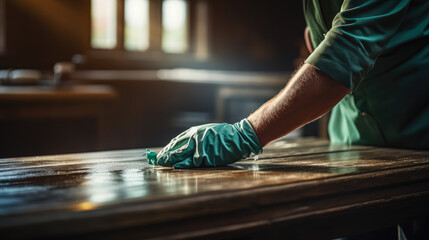 Diligent hands polish surfaces, as a house cleaner meticulously wipes away dust, bringing a gleam to furniture and spaces