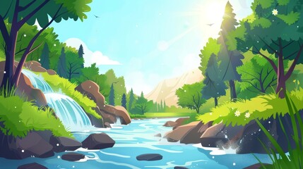 A river flows in a summer forest. Modern illustration depicting sunny spring weather, green landscape with trees, blue sky with sun beams, stream or brook in valley.