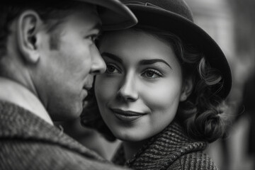 Retro video film noir visually stunning composition of young pretty couple black white concept generative Ai