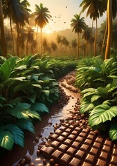 chocolate river flowing through a lush green cocoa plantation bathed in the golden light of sunrise