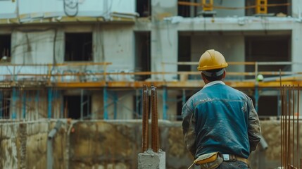 Rear view of a construction worker wearing a hard hat at a building site, with scaffolding and construction in progress.