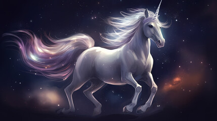 Obraz na płótnie Canvas A graceful unicorn with flowing mane and tail, surrounded by shimmering stars and celestial bodies, a sense of magic and wonder, set against a tranquil night sky, Illustration, digital painting with a