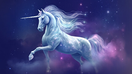 A graceful unicorn with flowing mane and tail, surrounded by shimmering stars and celestial bodies, a sense of magic and wonder, set against a tranquil night sky, Illustration, digital painting with a