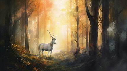 A majestic unicorn standing in a serene forest glade, shafts of golden sunlight filtering through the trees, illuminating the unicorn's luminous coat, conveying a sense of peace and harmony with natur