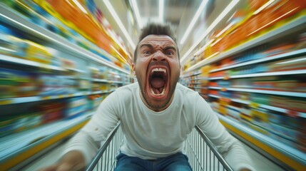 Dynamic image showing an excited man screaming while rushing down a supermarket aisle in a shopping cart, with a motion blur effect.