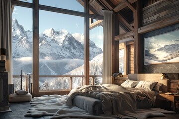 A bedroom with a large window overlooking a snowy mountain range