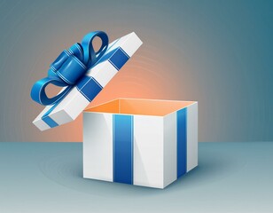 White gift box open or blank present box with blue ribbon and bow isolated on light gray background with shadow and blank space minimal concept 3D rendering
