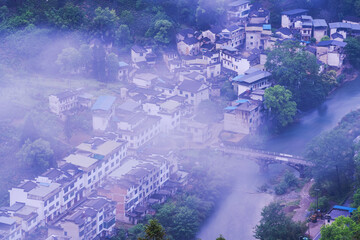 Shooting Beautiful Villages in High Mountain Canyon of Anhui Province, China from the Sky
