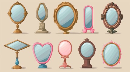 Modern illustration of a set of vintage glass accessories in the form of wooden, stone, iron retro frames with elegant decoration. This is an asset for a fortunetelling game.