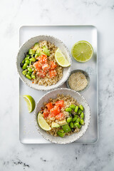 Salmon poke with quinoa and avocado