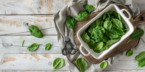 Obraz premium Bowl filled with spinach leaves on rustic wooden table 