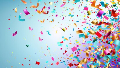 Colorful confetti falling on a blue background.