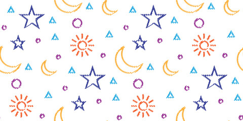 hand drawn colorful pattern. sketch of sky elements with stars moon and sun. repeating pattern for kids on white background. printable wallpaper, packaging, vector illustration.