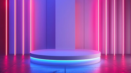 3D rendering of a stage with a glowing blue and pink neon light. The stage is empty and has a reflective floor. The background is a dark blue color.