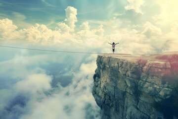 Beautifully lit artistic representation of a person on top of a very tall mountain, above the clouds, with a tightrope. 