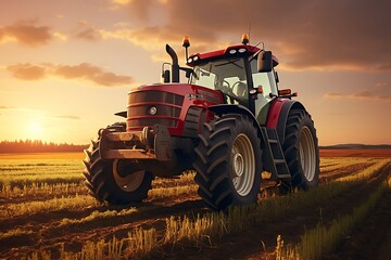 Fototapeta premium Agricultural tractor in the field at sunset. Agricultural machinery.