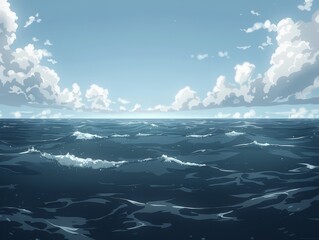 Fototapeta premium The image shows a vast ocean with white clouds dotting the sky.