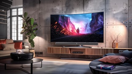 A TV lounge with an ultra-slim TV mounted on a pivoting arm for optimal viewing angles